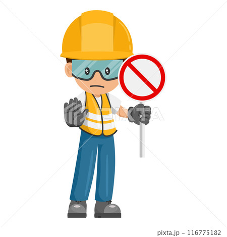 Industrial worker with prohibited sign making a stop sign. Worker with his personal protective equipment. Industrial safety and occupational health at work 116775182