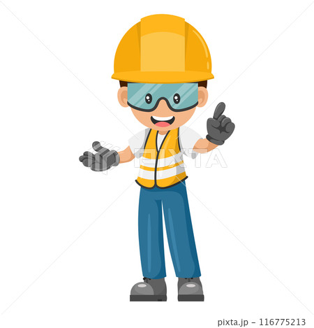 Industrial worker with his personal protective equipment pointing his finger. Expressing an idea and indicating with the index finger. Industrial safety and occupational health at work Industrial worker with his personal protective equipment pointing his finger. Expressing an idea and indicating with the index finger. Industrial safety and occupational health at work 116775213