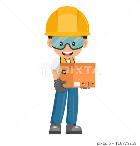 Industrial worker loading a box for delivery, distribution and storage. Supervisor with personal protective equipment. Industrial safety and occupational health at work 116775219
