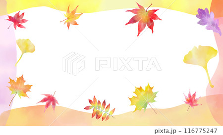 秋の紅葉をイメージしたカラフルなフレーム素材、テキスト無し、ベクターイラスト、16:9、手描き、水彩 116775247