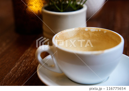Empty Cappuccino Cup in Cozy Cafe 116775654