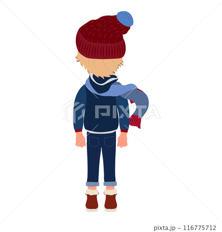 Flat Vector Illustration of Kid Boy Wearing Winter Clothes, Cartoon Character Set For Animation, Various Views, Poses and Gestures. Item 1 Flat Vector Illustration of Kid Boy Wearing Winter Clothes, Cartoon Character Set For Animation, Various Views, Poses and Gestures. Item 1 116775712