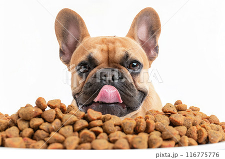 hungry french bulldog dog behind a big mound of food , isolated on white background. Ai generative 116775776
