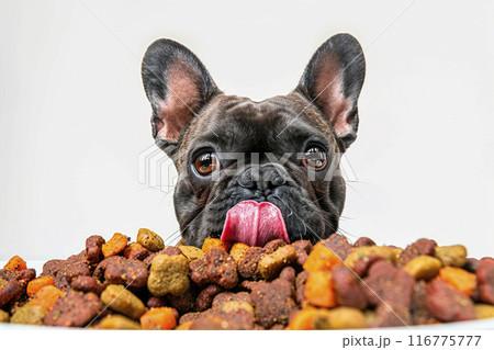 hungry french bulldog dog behind a big mound of food , isolated on white background. Ai generative 116775777