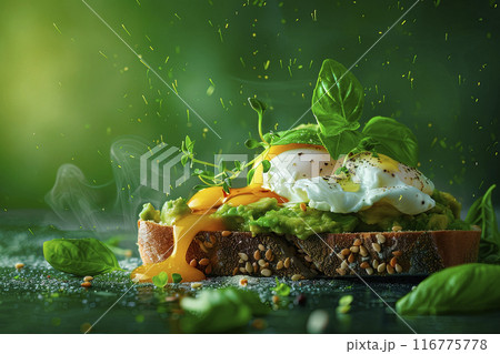 Avocado sandwich with boiled poached egg and basil leaves. Dark green background. Ai generative 116775778