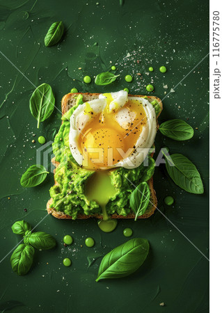 Avocado sandwich with boiled poached egg and basil leaves. Dark green background. Ai generative 116775780