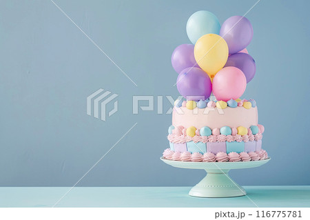 birthday cake background with candles and balloons decorated with pastel colors. Ai generative 116775781
