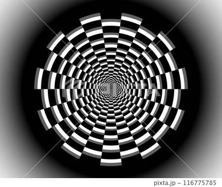 Tunnel from a tile 3D abstraction. Circular tunnel rectangular chess black and white. Rounded checkerboard background 116775785