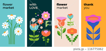 Modern Flowers illustrations. Geometric, flat style design, folk motif, bright and colorful flowers 116775862