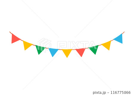 Hanging summer party garland for kids. Color pennant border isolated on white background. Triangle flags in rainbow colors. Vector clipart 116775866