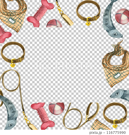 Square frame. Pet accessories, rubber bones, balls, dog collars and leashes, dog headscarves. All objects are hand-painted with watercolors. For printing on paper, fabric. 116775990