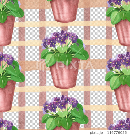 Watercolor seamless pattern. Indoor flowers, violet in a brown pot on a square white background. All objects are hand-painted with watercolors. Suitable for printing on fabric, paper, for design. 116776026
