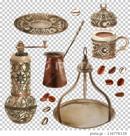 Coffee grinder, coffee beans, cup, jezve, saucer, dishes for coffee drinks in oriental style. The illustration is made in watercolor on a white background. For coffee shop, dishes, packaging, menus. Coffee grinder, coffee beans, cup, jezve, saucer, dishes for coffee drinks in oriental style. The illustration is made in watercolor on a white background. For coffee shop, dishes, packaging, menus. 116776139
