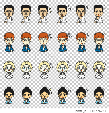 Illustration of various facial expressions of people from different countries. 116776234