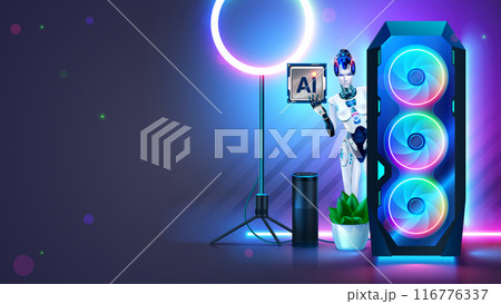 Gaming pc with AI chip. Desktop gaming computer with neon light on desk. GPU or CPU with AI or Artificial Intelligence chip. Robot woman with AI chip in hand it looks out of computer system unit. 116776337
