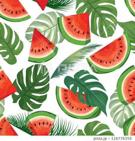 Watermelon pattern. Summer fruit juicy slice pieces seamless texture with tropical palm leaves. 116776358