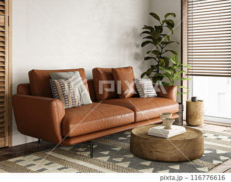 African bright livingroom with green plant, wooden furniture and orange sofa background. Light modern japanese nature interior. 3d render African bright livingroom with green plant, wooden furniture and orange sofa background. Light modern japanese nature interior. 3d render 116776616