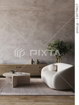 Contemporary living room with plush sofa and natural wooden elements, 3d rendering Contemporary living room with plush sofa and natural wooden elements, 3d rendering 116776617