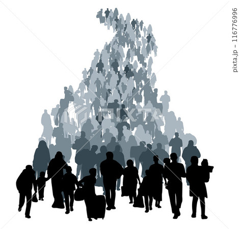 People walking on street silhouette, man woman walking, International immigration concept silhouette of families go to refugee camp 116776996