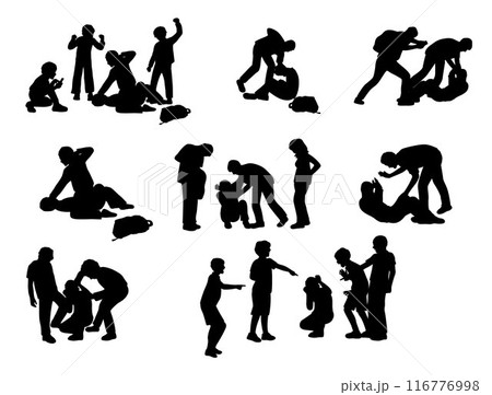 Bullying silhouette, bullying in schoolyard, schoolchildren filming on the phone torturing bullying their classmate in school silhouette 116776998