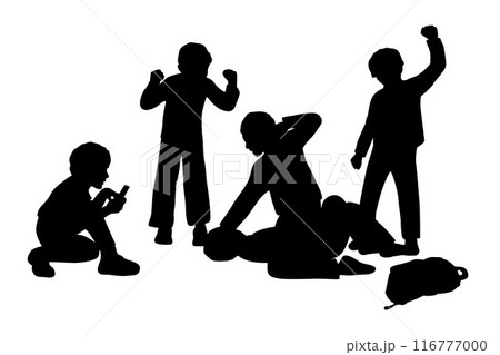 Bullying silhouette, bullying in schoolyard, schoolchildren filming on the phone torturing bullying their classmate in school silhouette 116777000