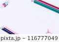 Template. White background with pencils. The image shows Free Space For Text on a white sheet. Bright picture. Concept Image 116777049