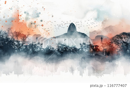 Watercolor Illustration of Sugarloaf Mountain in Rio De Janeiro 116777407