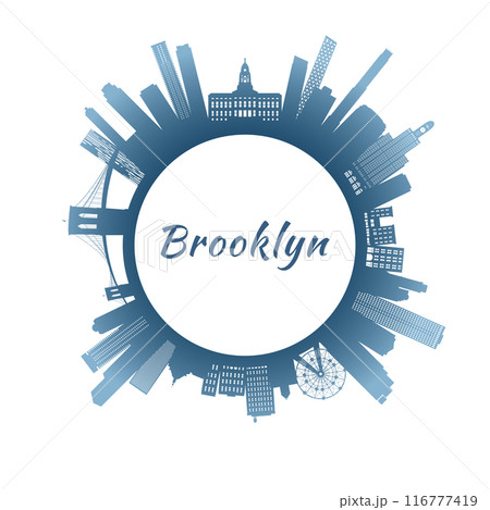 Brooklyn skyline with colorful buildings. Circular style. Stock vector illustration. 116777419