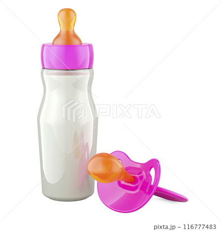 Pink baby pacifier and baby bottle, 3D rendering Pink baby pacifier and baby bottle, 3D rendering 116777483