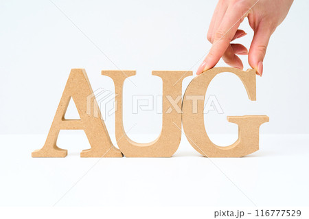 「AUG」と並べられたアルファベットの木製ブロック 「AUG」と並べられたアルファベットの木製ブロック 116777529