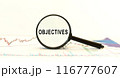 Magnifying Glass with text Objectives on on background with charts. Business Concept. Front view. Objectives word 116777607