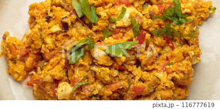 Close up of akuri indian style scrambled eggs with spices and herbs top view Close up of akuri indian style scrambled eggs with spices and herbs top view 116777619