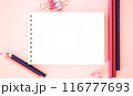 Template. Pink background with pencils.The image shows Free Space For Text on a notebook on pink background. Bright picture. Concept Image 116777693