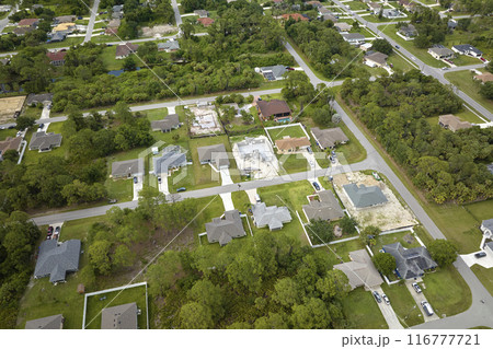Aerial landscape view of suburban private houses between green palm trees in Florida quiet rural area 116777721