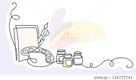 Brushes, painting palette, paints and canvas. Continuous one line drawing 116777741