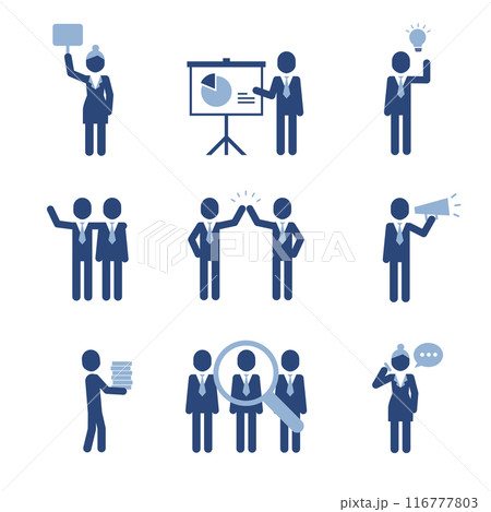 Business people icon pictograms. Leadership training, meeting and corporate career. Modern simple style pictogram concept. Blue color characters set. Simple material design for web and website. 116777803