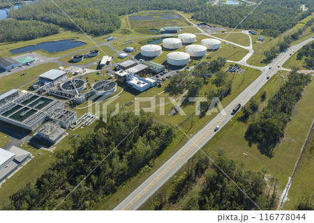 Modern water cleaning facility at urban wastewater treatment plant. Purification process of removing undesirable chemicals, suspended solids and gases from contaminated liquid 116778044