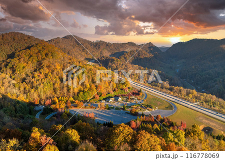 Large rest area on I-26 interstate freeway in North Carolina near Mars Hill for cars and trucks overnight parking. Recreational place during long traveling 116778069