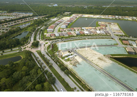 Ground prepared for building of new residential houses in Florida suburban development area. Concept of growing american suburbs Ground prepared for building of new residential houses in Florida suburban development area. Concept of growing american suburbs 116778163