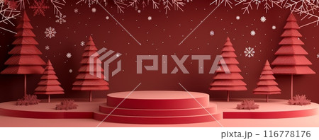 Festive red Christmas background with Christmas trees and snowflakes 116778176