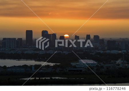 Urban sunset landscape of downtown district of Tampa city in Florida, USA. Dramatic skyline with high skyscraper buildings in modern american megapolis 116778246