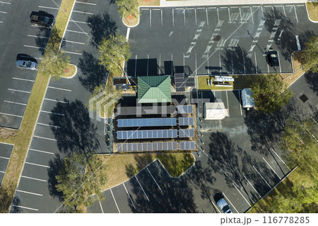 Top view of power facility with solar photovoltaic panels for producing of clean ecological electrical energy. Concept of autonomous home 116778285