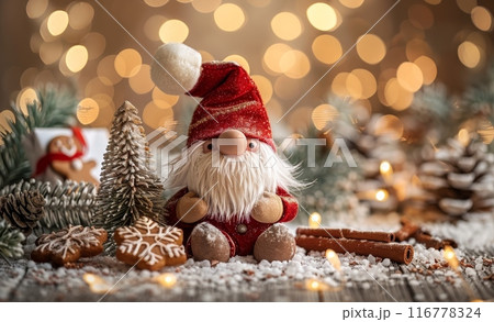Cute Christmas gnome with red hat and holiday decorations in festive setting 116778324