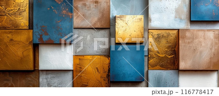 Color palette for interior design featuring gold, blue, and metallic textures 116778417