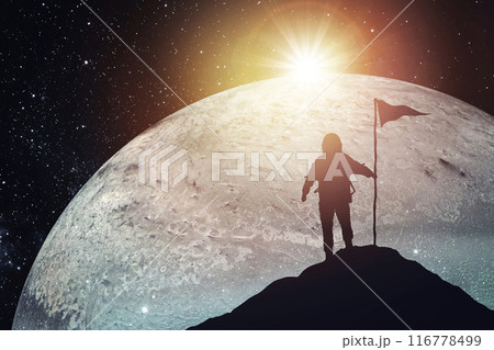 Silhouette of an astronaut with a flag against the backdrop of a planet and a shining star. Elements of this image furnished by NASA Silhouette of an astronaut with a flag against the backdrop of a planet and a shining star. Elements of this image furnished by NASA 116778499