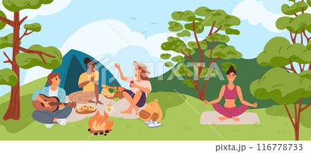 Friends on picnic. Introvert and extravert. People communicate in nature. Girl does yoga alone. Inward and outward mind orientation. Psychological temperament. Garish vector concept 116778733