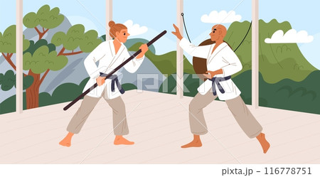 Oriental martial art. Karate fighters sparring. Athletes in kimonos train in nature. Taichi workout. Wushu hit exercises with staves. Judo fighting competition. Garish vector concept 116778751