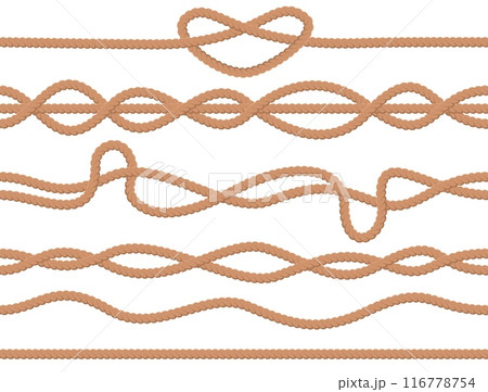 Seamless ropes. Sailor twisted cords. Nautical jute twine borders with loops. Sea knots and weaves. Nautical braided cables. Intertwined cordage. Decorative curved thread frames vector set 116778754