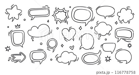 Speech bubbles. Empty comic dialog boxes. Hand drawn text places. Funny doodle style. Various outline shapes. Communication windows. Dialogue stickers. Thinking clouds. Garish vector set 116778758