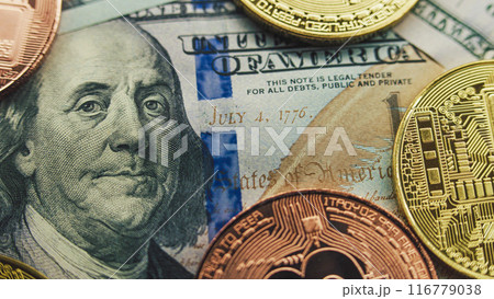 Golden bitcoin coins and hundred dollar banknotes 116779038